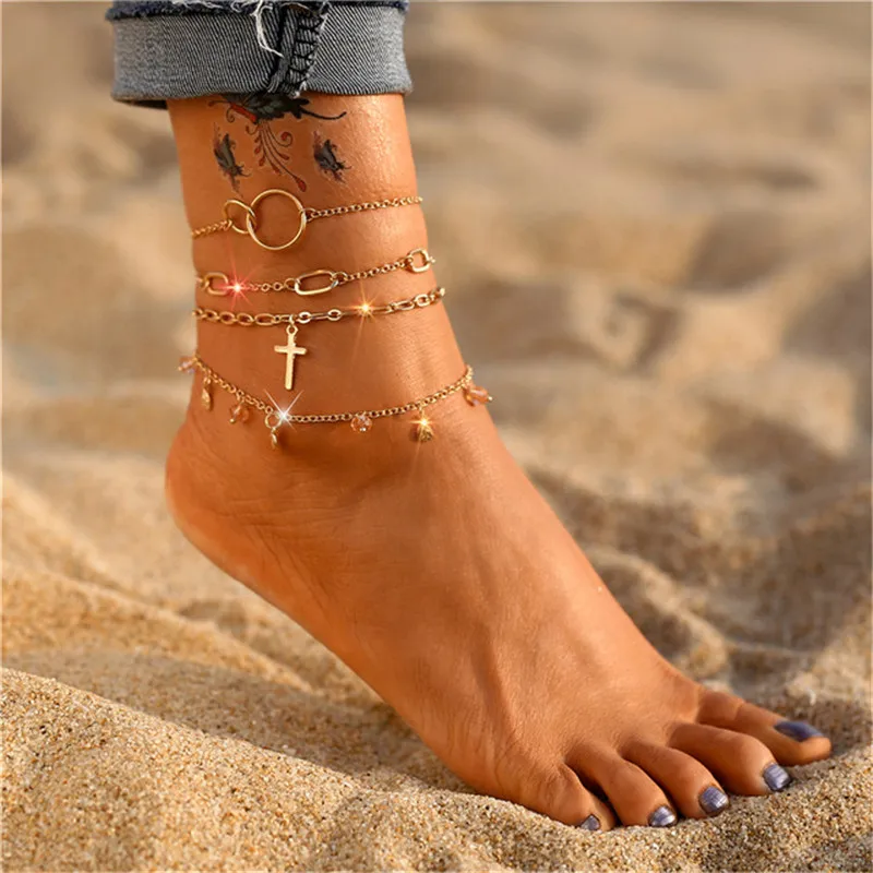 4 шт./компл. Женские ножные браслеты с золотыми цепочками в богемном стиле 2021, Винтажный многослойный браслет-бабочка, пляжные украшения для ног