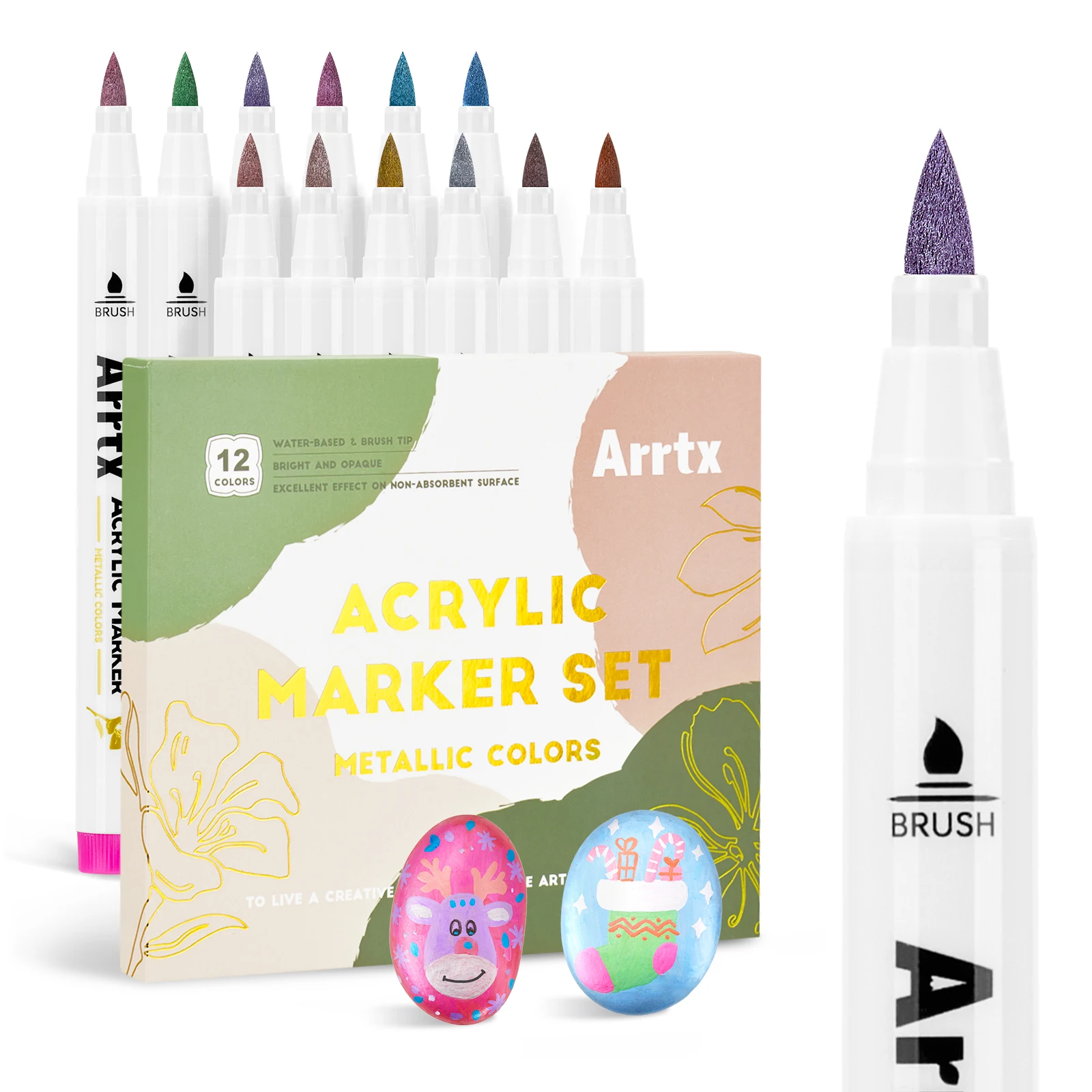 Arrtx 12 Металлических цветов Акриловый маркер, мягкий наконечник кисти Металлические акриловые краски Ручки для рисования Художественные принадлежности