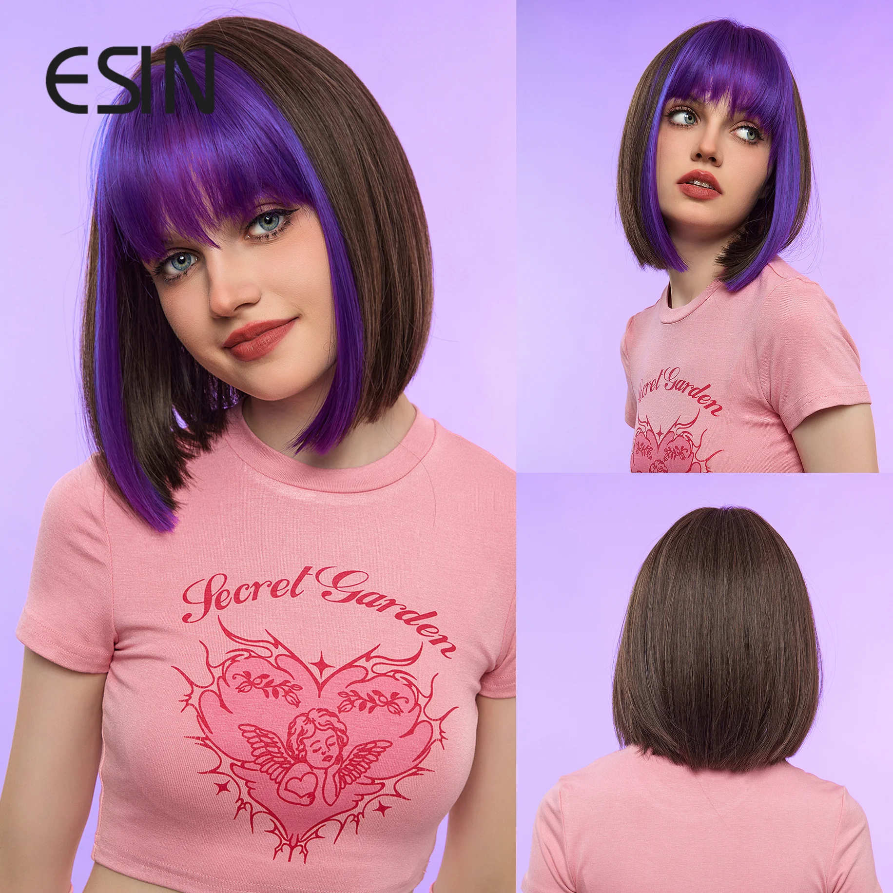 ESIN Синтетический прямой коричнево-смешанный фиолетовый парик средней длины с челкой Боб Парики для женщин Термостойкие Натуральные для ежедневного использования