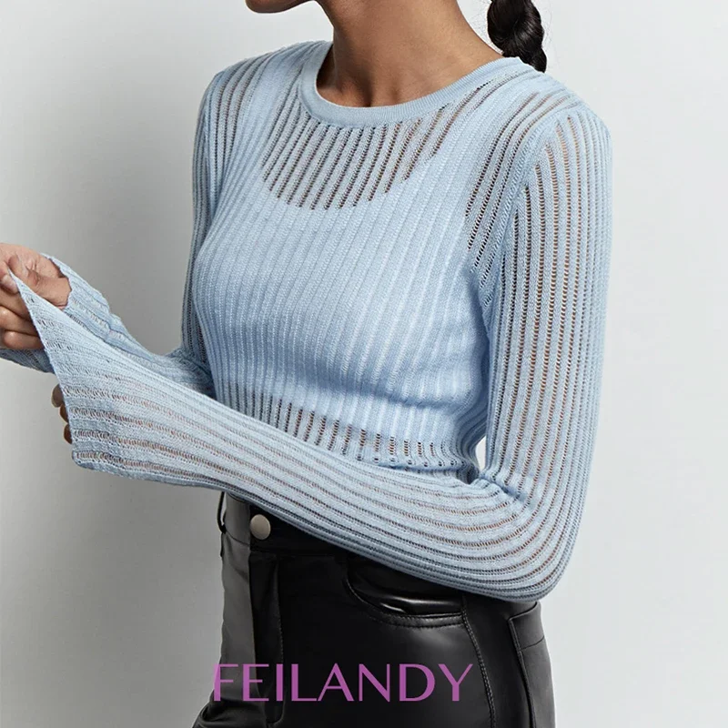 Feilandy Fashion, белые Элегантные полосатые прозрачные женские топы, наряды, прозрачные футболки с длинным рукавом, футболки, обтягивающая клубная одежда для вечеринок