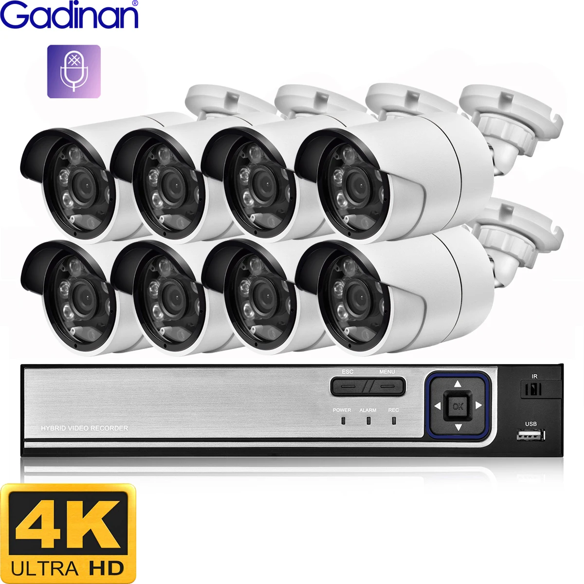 Gadinan Ultra HD 4K Security Camera System 8CH POE NVR Запись Видеонаблюдения Наружная 8-Мегапиксельная IP-Камера С Обнаружением Движения Комплект Видеонаблюдения