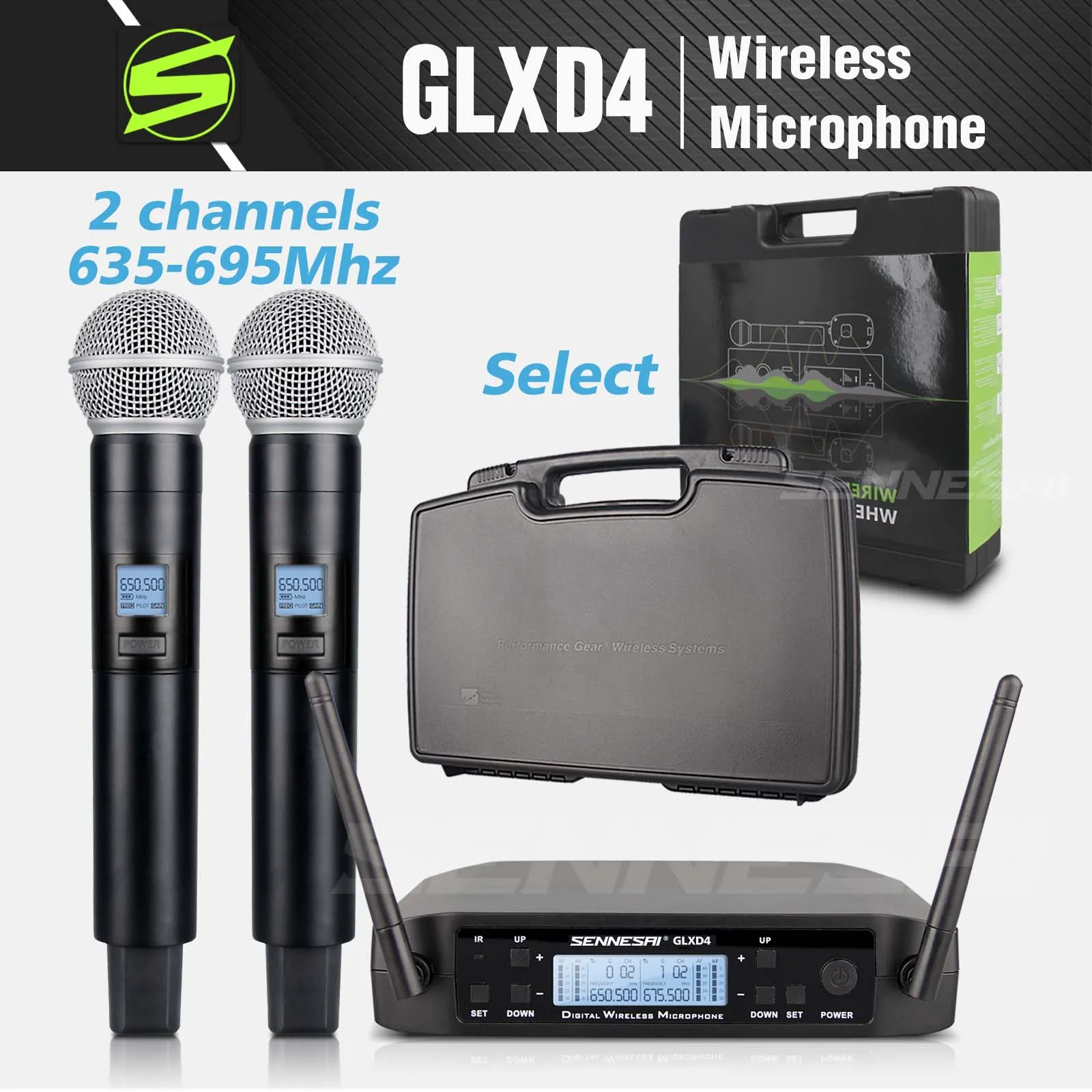 GLXD4 S58 Профессиональная Двойная Беспроводная Микрофонная Система Для Сценических выступлений UHF Dynamic 2-Канальный Портативный，С Футляром для Переноски