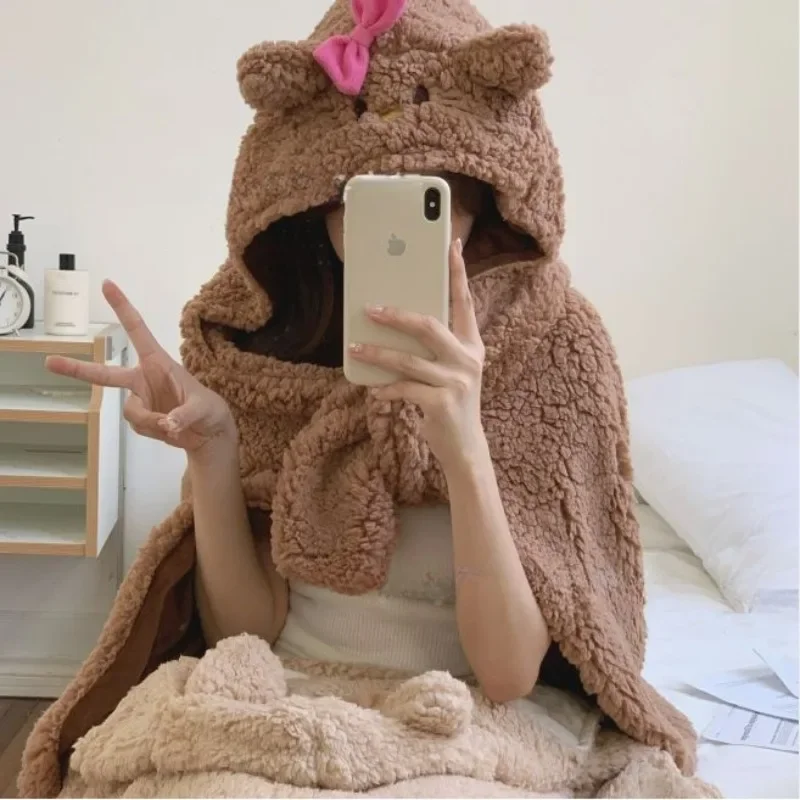Sanrio Kawaii Аниме Hello Kitty, утолщенное плюшевое теплое одеяло, накидка, Милая мультяшная зимняя домашняя шаль со шляпой, подарки для девочек