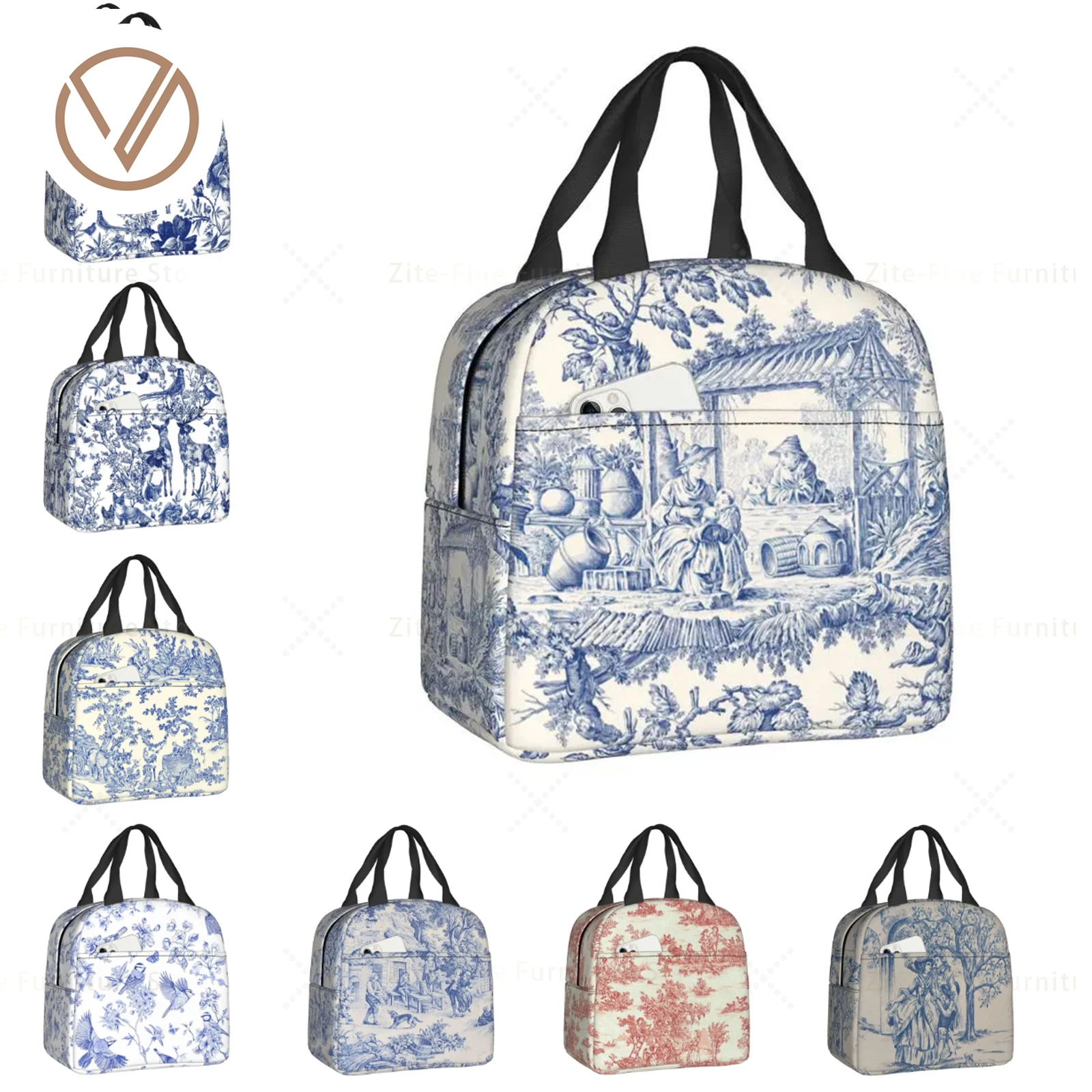 Toile De Jouy Темно-синий с рисунком, термоизолированные сумки для ланча, женская сумка для ланча для пикника на открытом воздухе, коробка для Бенто с едой