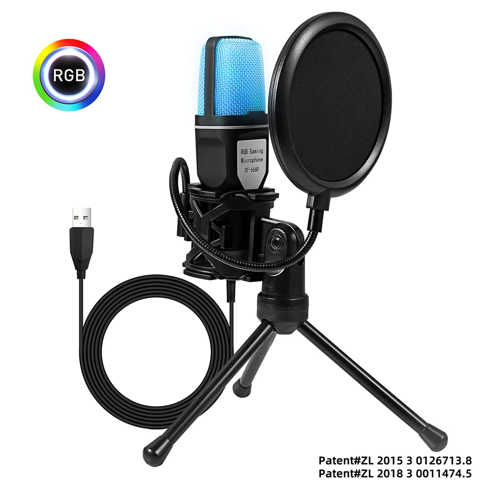 USB-микрофон RGB Microfone Конденсаторный проводной игровой микрофон для студии записи подкастов Потоковый Ноутбук Настольный ПК