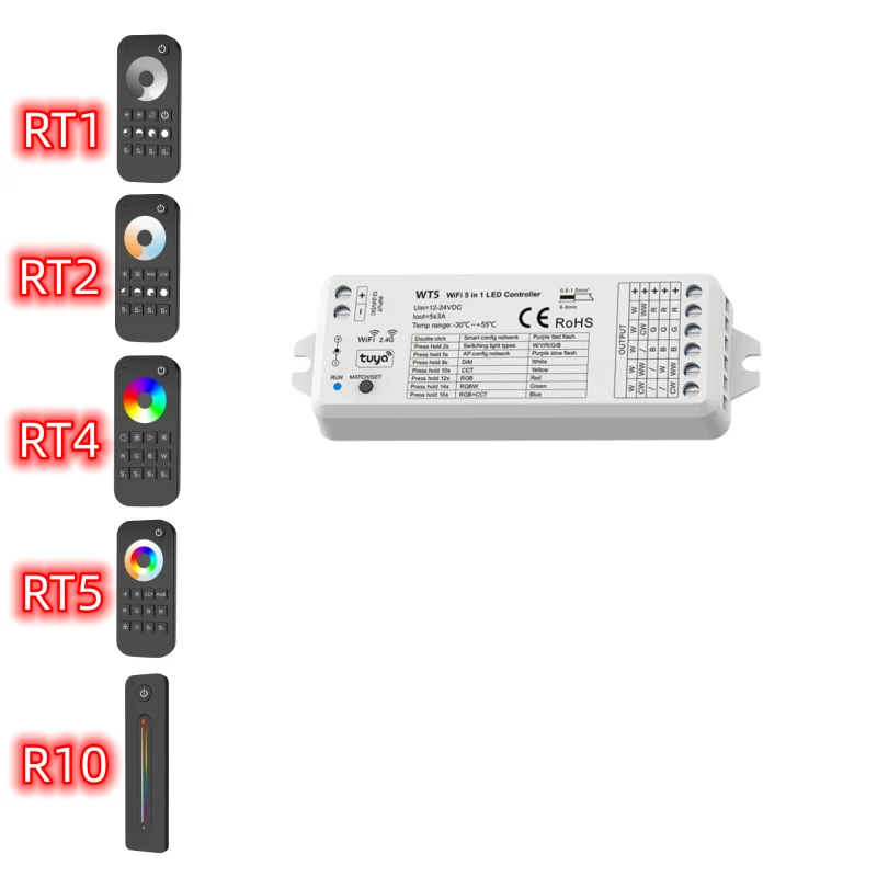 WT5 5 В 1 Светодиодный Контроллер Tuya Работает с2.4G RF Пультом Дистанционного управления RT1/RT2/RT4/RT5/R10 Приложение Голосовое Управление Для RGB RGBW RGB + CCT Светодиодная Лента Лампа