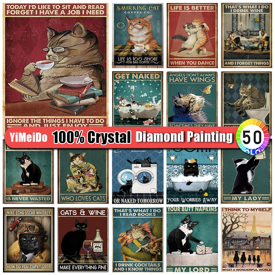 YiMeiDo, 100% Кристально-бриллиантовая картина, Кошка, кофе, Набор для вышивки крестом, Алмазная вышивка, Мозаичное Изображение животного из стразов, Распродажа