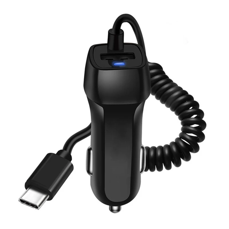 Автомобильное зарядное устройство с автоматической быстрой зарядкой с выдвижным кабелем, зарядное устройство для телефона USB с кабелем Type C.