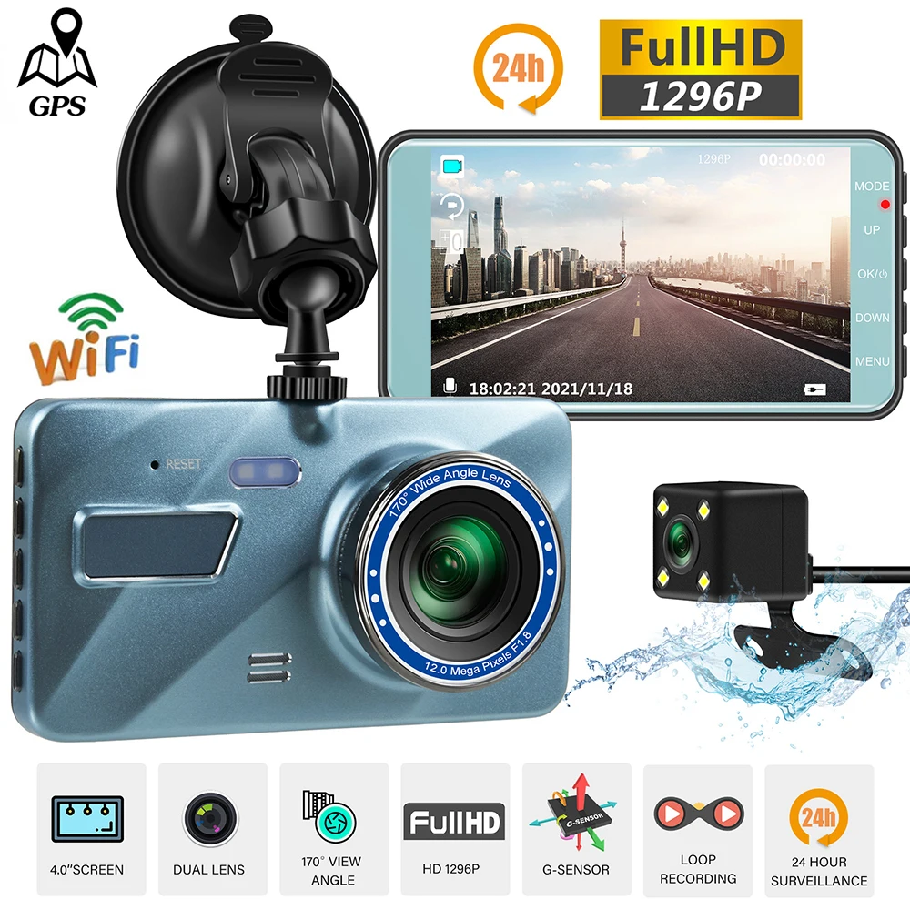 Автомобильный видеорегистратор WiFi Dash Cam Full HD 1080P Камера заднего вида автомобиля Видеомагнитофон Черный ящик Авторегистратор GPS регистратор Кариес регистратор
