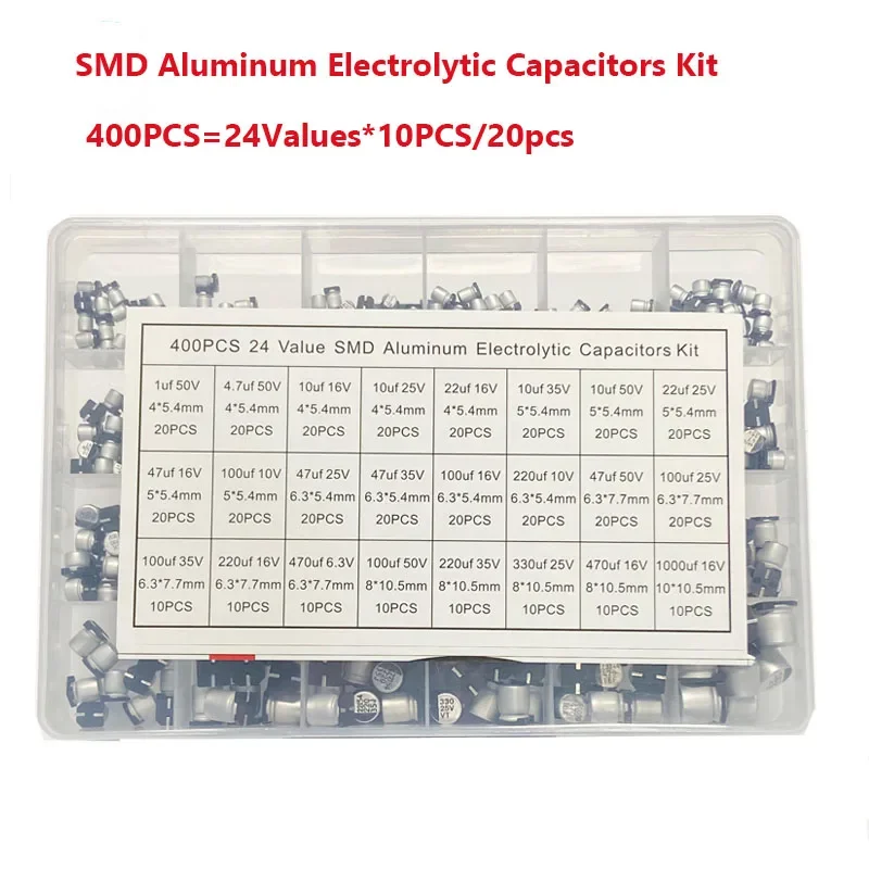 Алюминиевые Электролитические Конденсаторы SMD Ассортимент Комплект 400шт 24 значения SMD 1 мкФ ~ 1000 мкФ 6,3 В-50 В 24 значения с коробкой