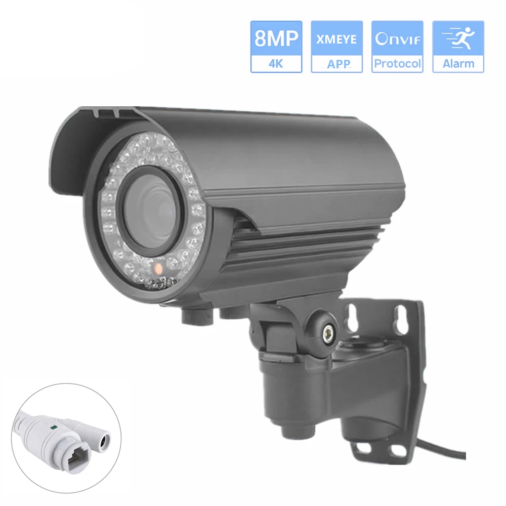 Водонепроницаемая IP-Камера Видеонаблюдения 4K 8MP На открытом воздухе с Переменным Фокусным расстоянием 2,8-12 мм, ИК Ночного Видения, POE Камера Безопасности