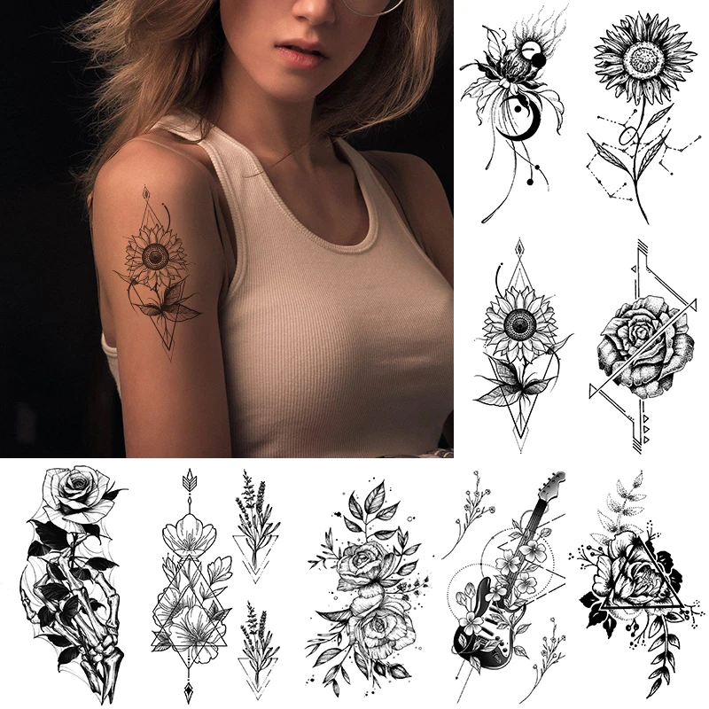 Водонепроницаемая временная татуировка, наклейка, Черный Милый цветок, Гитара, Подсолнух, Роза, флэш-тату, поддельная татуировка, боди-арт для женщин и мужчин