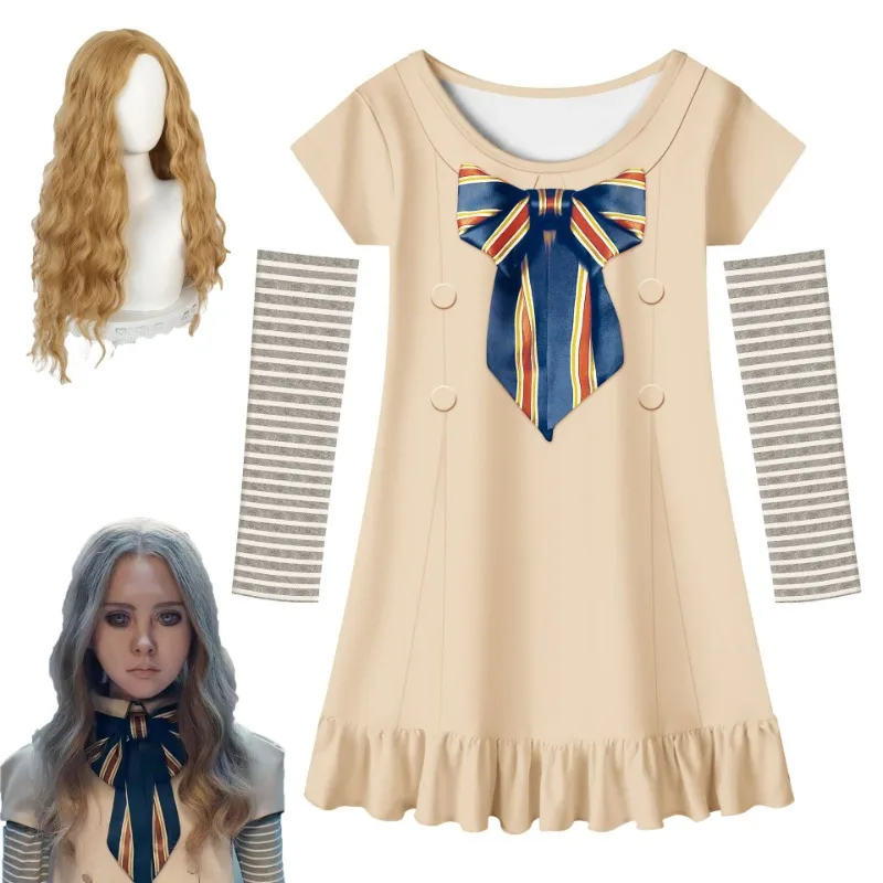 Детский косплей-костюм M3GAN, платье с бантом для девочек, винтажные готические наряды для маленьких девочек, одежда для вечеринки на Хэллоуин, карнавал, парик