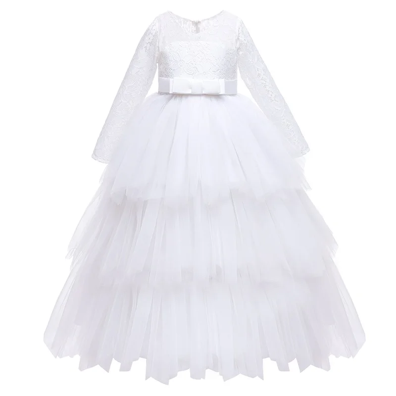 Детский костюм, Весеннее Кружевное Белое Свадебное Бальное платье Подружки невесты, Одежда Принцессы для маленьких Девочек, Осенние платья с длинными рукавами от 4 до 14 лет