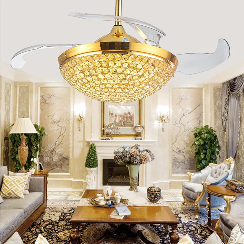 Европейский стиль потолочный вентилятор лампа хрустальный вентилятор лампа спальня столовая лампа с невидимым современным домашним потолочным вентилятором люстра