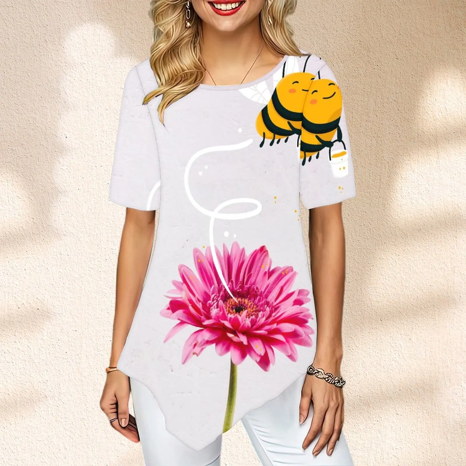 Женская модная футболка с коротким рукавом и принтом пчелиного цветка
