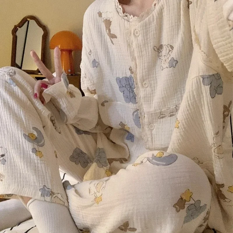Женская пижама, новый осенне-весенний комплект мягкой пижамы с длинным рукавом, полосатая пижама с мультяшным рисунком, женский комплект домашней пижамы, кардиган