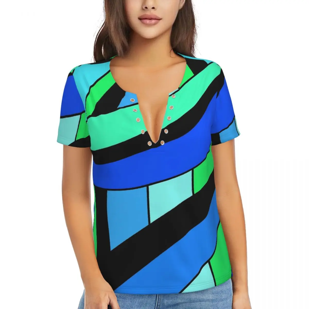 Женская футболка, летняя футболка с принтом в виде цветных блоков, синие и зеленые футболки в стиле харадзюку, сексуальная уличная мода с V-образным вырезом, одежда оверсайз