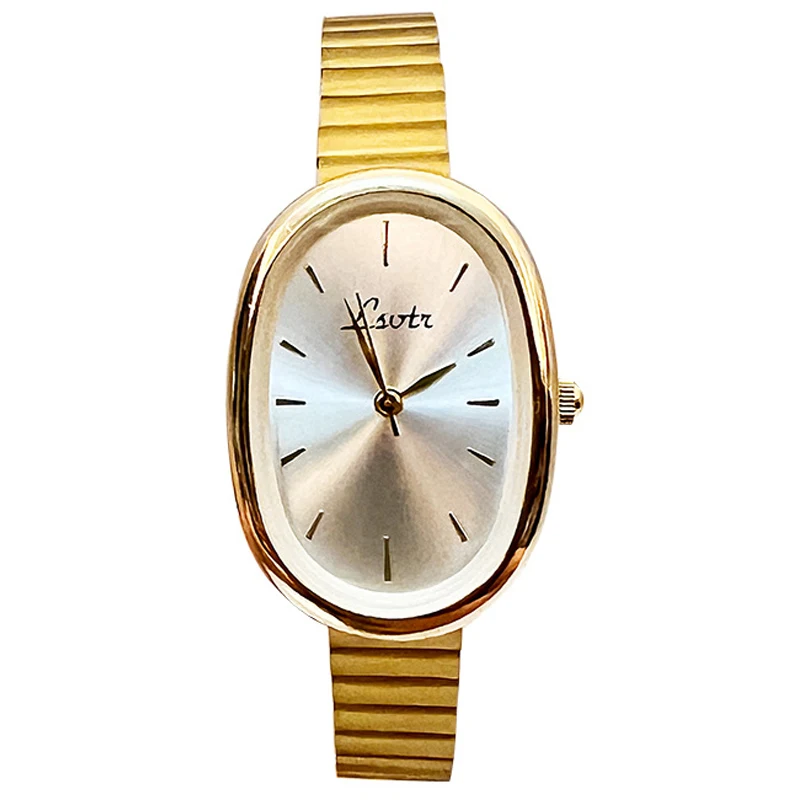 Женские кварцевые часы роскошной овальной формы, модный золотой корпус, маленький циферблат с римской цифрой, женские часы с цельнометаллическим ремешком, Ретро наручные часы