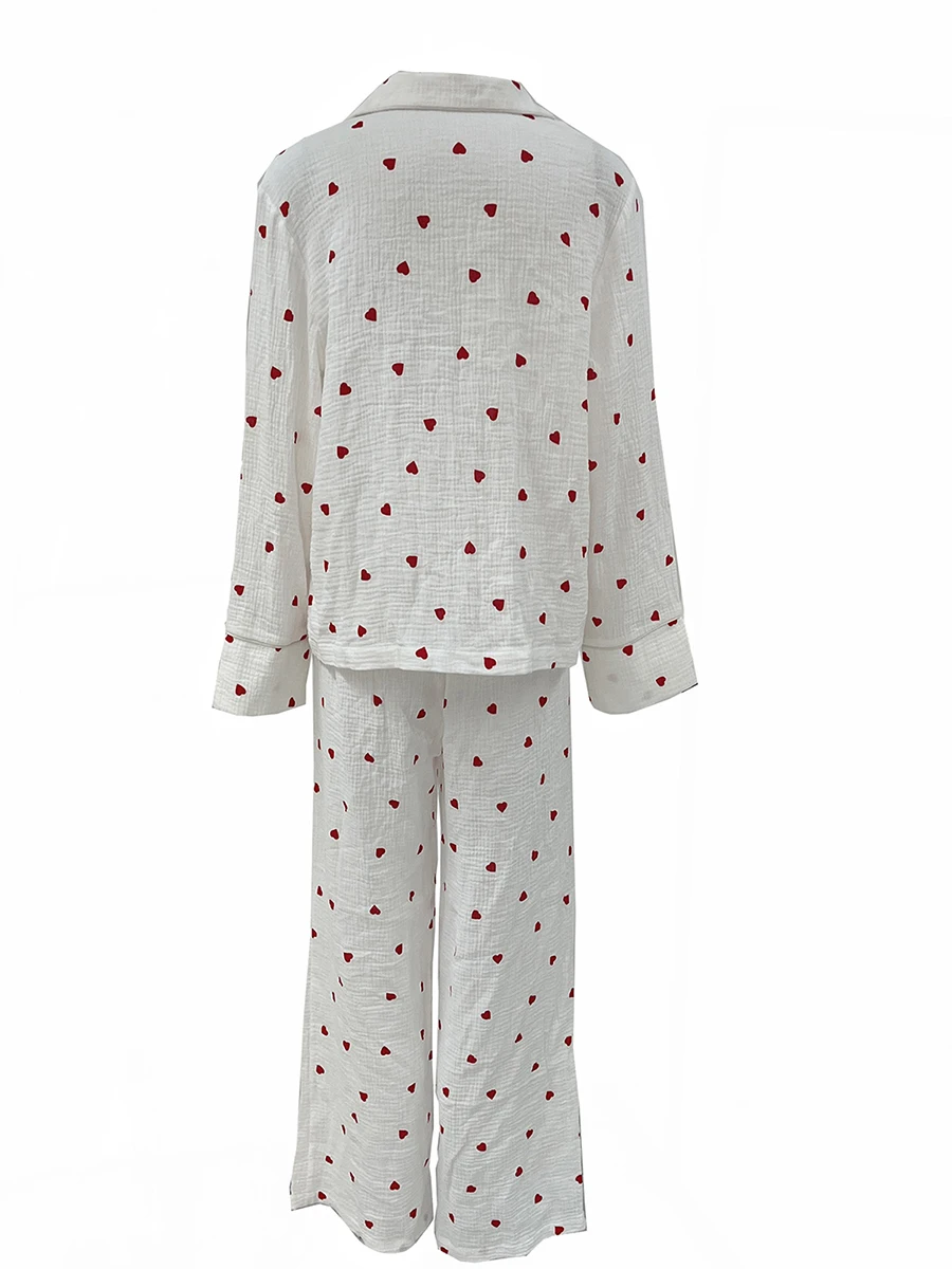Женский пижамный комплект на День Святого Валентина с принтом в виде сердца, мягкая пижама на пуговицах с длинным рукавом, пижамы, комплекты для отдыха из двух частей
