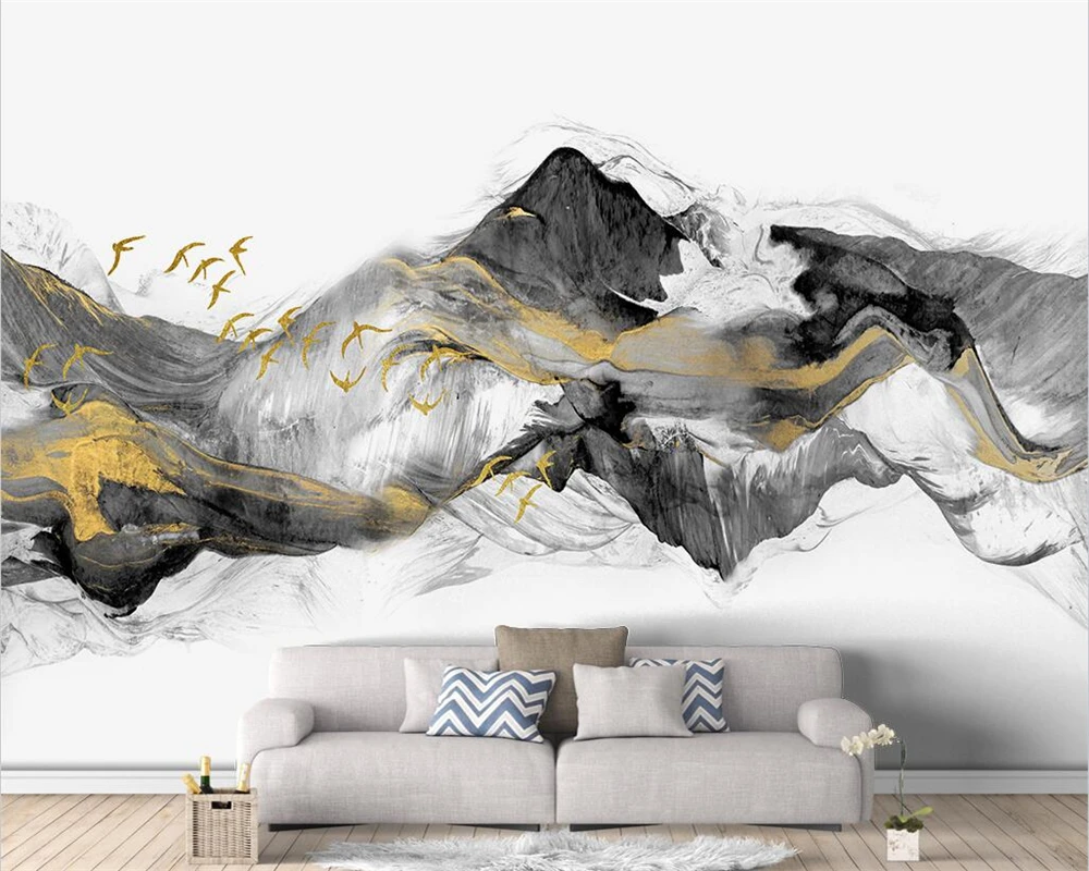 Индивидуальные обои 3d Летающая птица Новая Китайская Абстрактная фреска Золотые чернила Пейзажный Фон стены гостиной Отеля фотообои