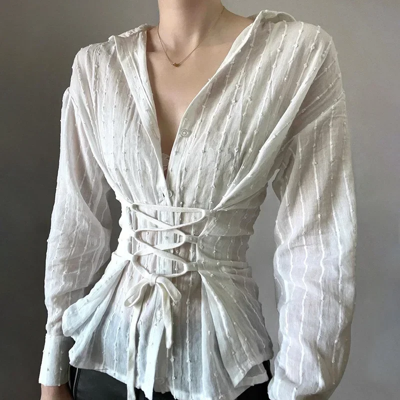 Корсетная рубашка с тонкой талией во французском стиле, белая шикарная элегантная блузка с отложным воротником, женские модные дизайнерские топы, осень