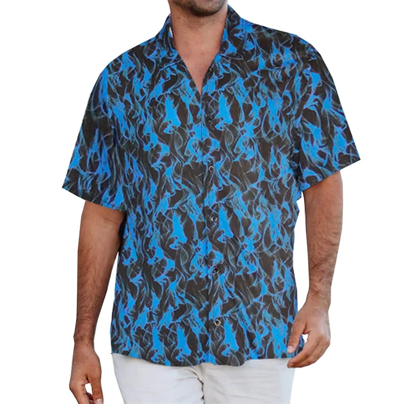 Летние Мужские Рубашки С 3D Принтом Blue Flame, Негабаритные Уличные Пляжные Гавайские Модные Мужские Рубашки С Отворотом, Футболки С Пуговицами