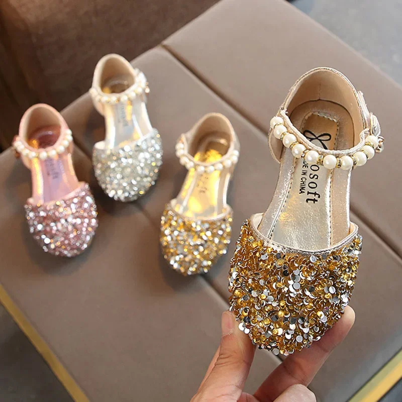 Летняя обувь для девочек, туфли Мэри Джейнс на плоской подошве, туфли принцессы для танцев, Детские Сандалии, Детские свадебные туфли Золото