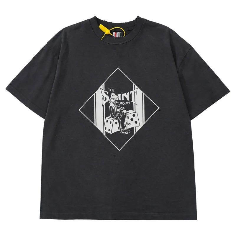 Летняя черная футболка с коротким рукавом Saint Michael, состаренный винтажный принт с логотипом, высококачественная мужская свободная футболка 1: 1.