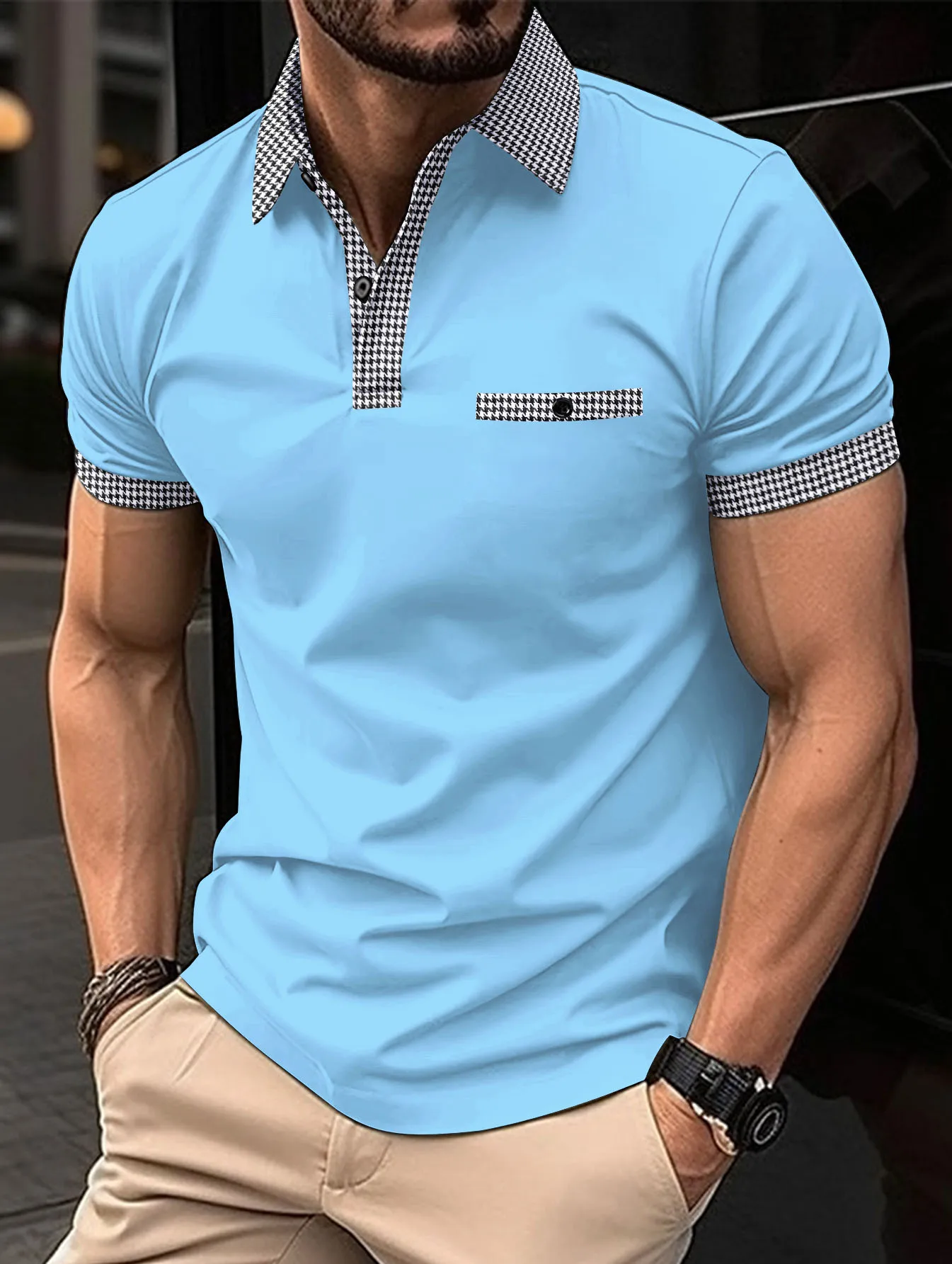 Модная мужская приталенная рубашка-поло в клетку 