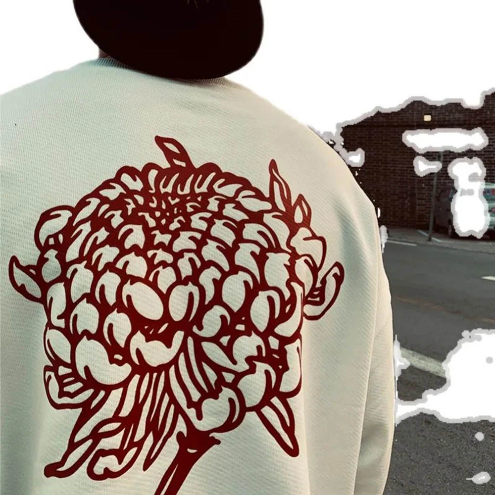 Мужская осенняя толстовка с круглым вырезом и принтом американской розы 2024, осенний новый тренд, свободная футболка с граффити в стиле Чикано в стиле ретро с длинными рукавами