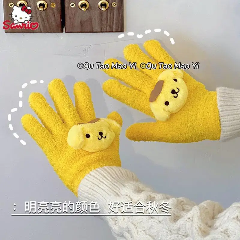 Мультяшные плюшевые перчатки Sanrios с помпоном Kuromi Purin Card, милые зимние теплые перчатки для девочек, Студенческие велосипедные перчатки, подарок для девочек