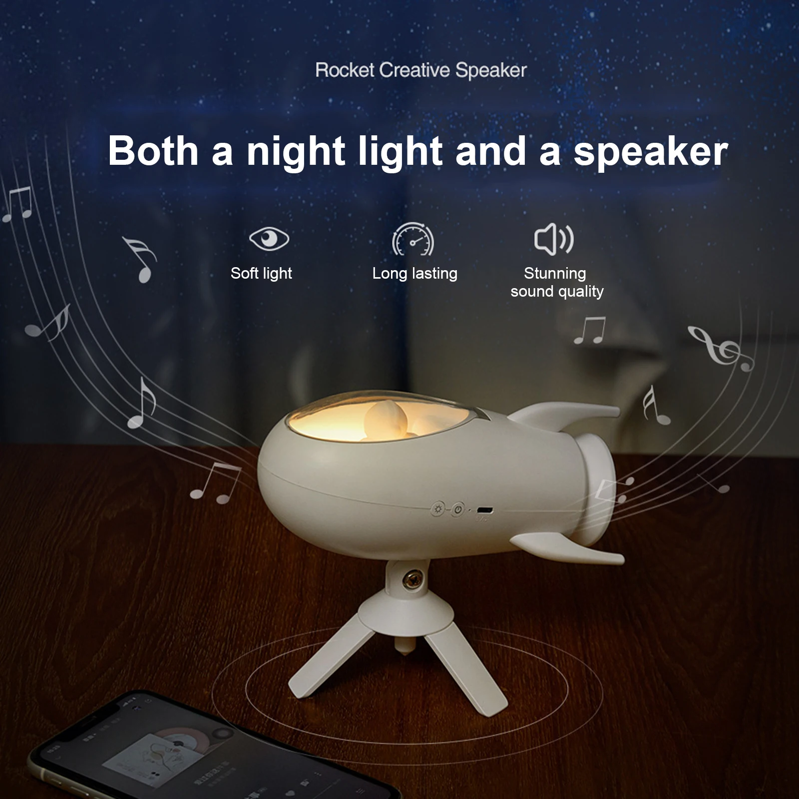 Новинка Rocket Night Light Перезаряжаемый Bluetooth Аудио Светодиодный ночник Яркий затемняемый мягкий свет для украшения дома в спальне