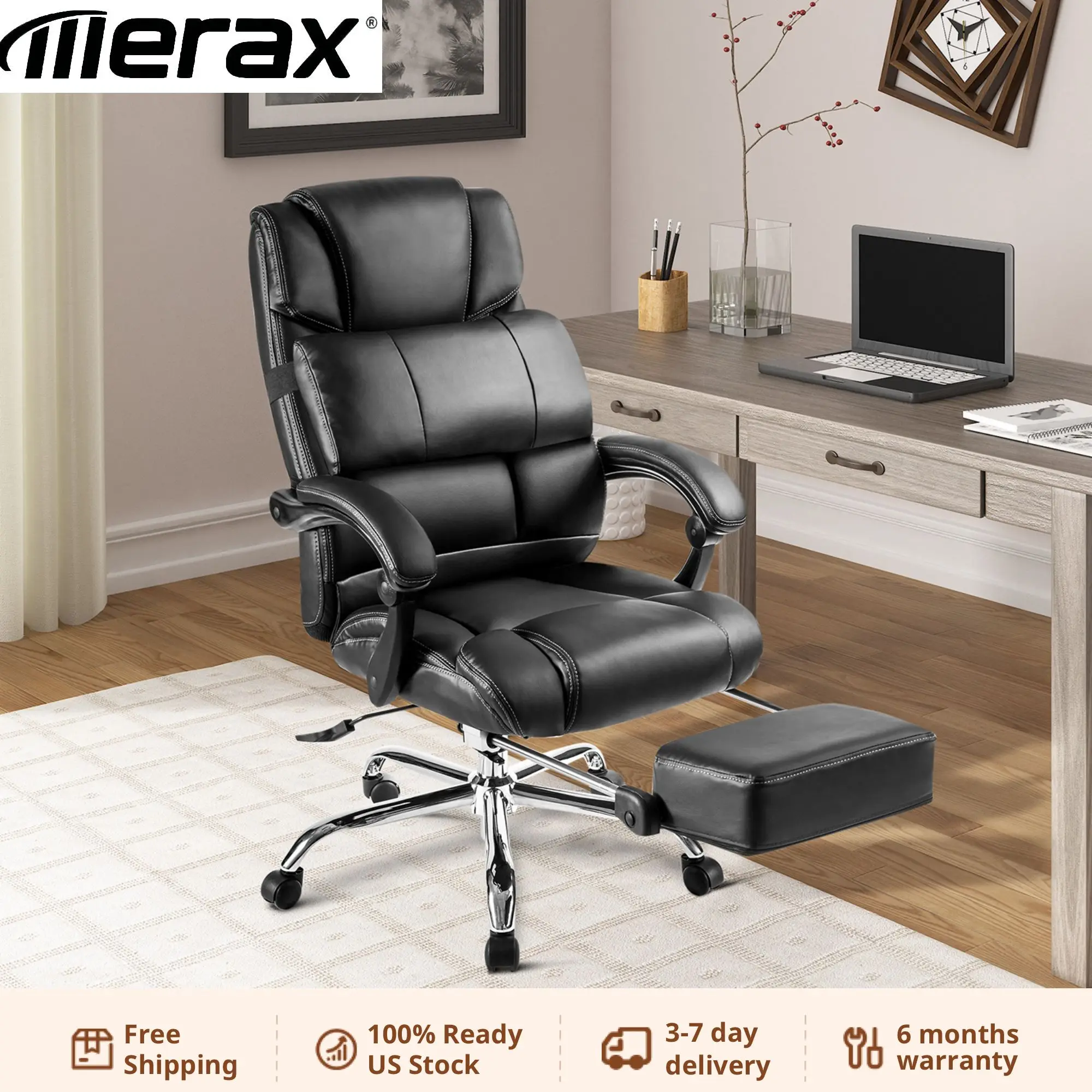 Офисное кресло - Высококачественная искусственная кожа/Двойная подкладка/ Поддерживающая подушка и подставка для ног