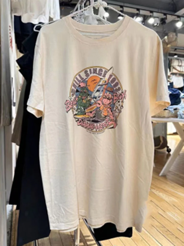 Повседневные женские свободные футболки из мягкого хлопка бежевого цвета с принтом динозавра 2023, летние винтажные женские топы с круглым вырезом и короткими рукавами, шикарные