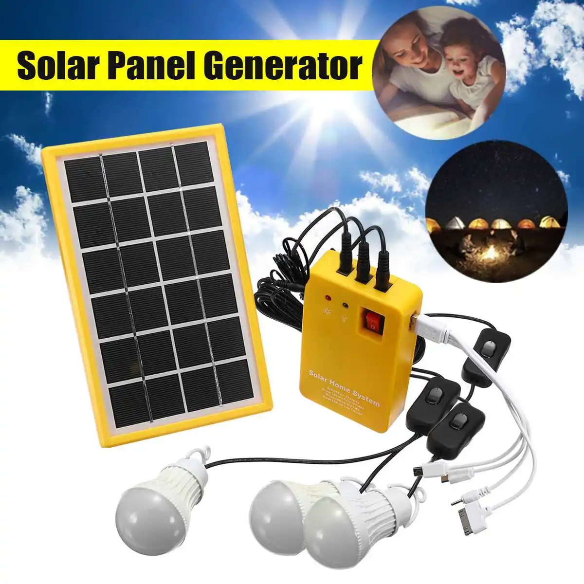 Портативное солнечное зарядное устройство, комплект солнечной домашней системы, USB-зарядное устройство, комплект генератора солнечной панели для кемпинга на открытом воздухе и в помещении с 3 светодиодными лампочками 5V