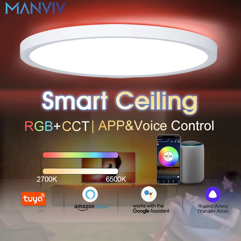 Потолочные светильники MANVIV 24W TUYA RGB Dimmable APP Голосовое Управление С Alexa Smart ультратонкие Светодиодные светильники Для Спальни Гостиной