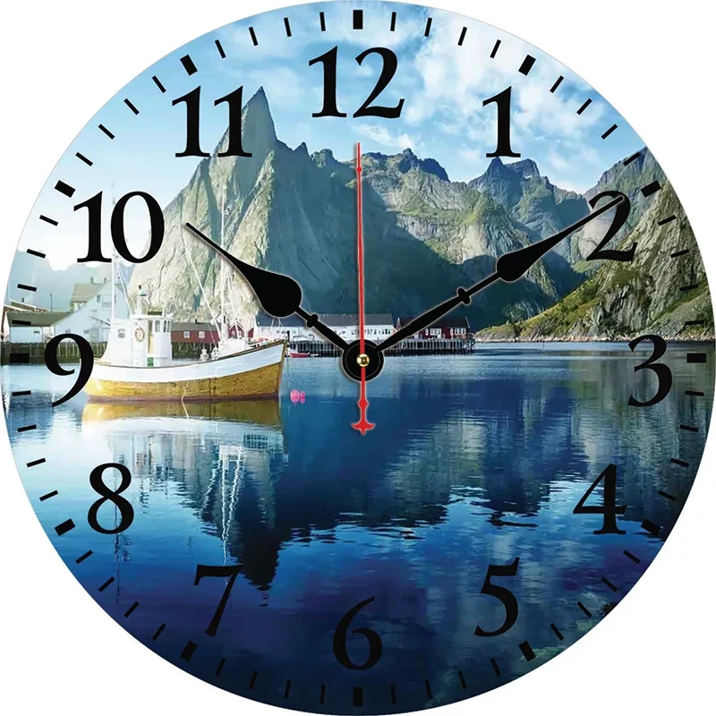 Природные пейзажи Горы Море Лодка Большие часы Домашний декор для гостиной Круглые настенные часы Кварцевые Настольные часы Украшение стен спальни