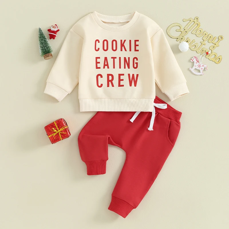 Рождественский комплект для малышей, толстовка с круглым вырезом и буквенным принтом с длинными рукавами и спортивными штанами, рождественская одежда