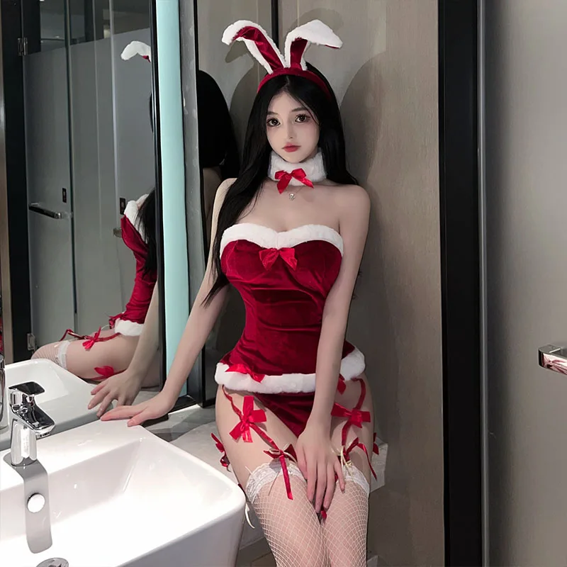 Рождественское сексуальное женское белье, топ, жилет, юбка, комплект нижнего белья для ролевых игр с кроликом, соблазнение