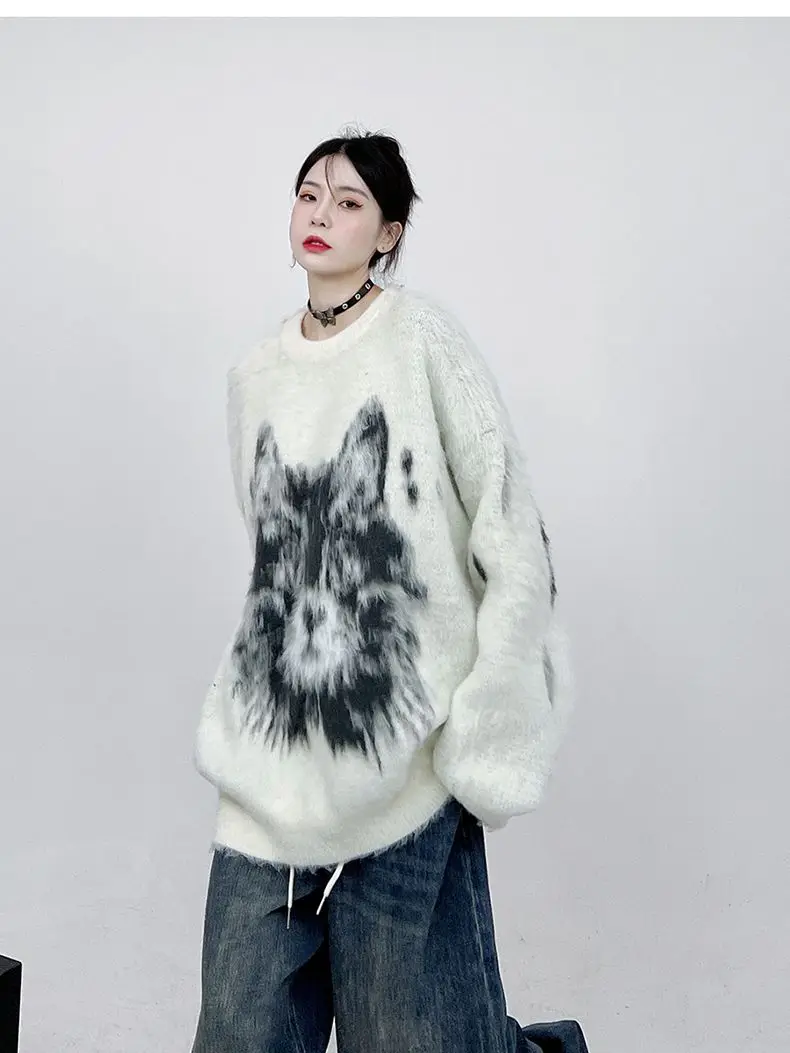 Свитер Harajuku Cat Sweater Y2K хип-хоп вязаный пушистый джемпер с пушистым котом Уличная одежда 2023 Модный повседневный свободный пуловер в стиле панк-гот