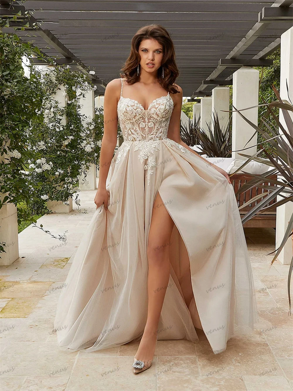 Современные свадебные платья для женщин 2024 Свадебные платья трапециевидной формы С кружевными аппликациями, атласные сексуальные платья с высоким разрезом и открытой спиной Vestidos De Novia