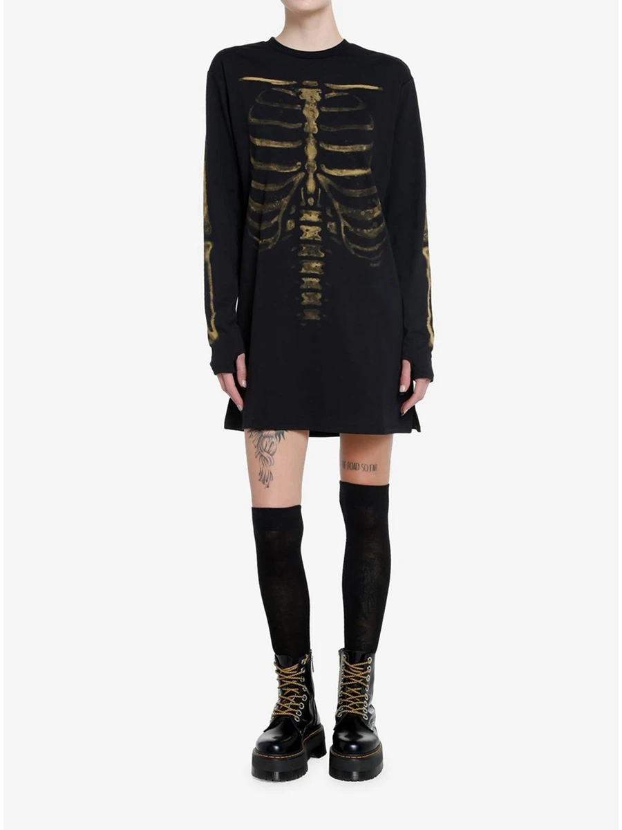 Туника с принтом скелета на Хэллоуин, топы для женщин, футболки с длинным рукавом, весенне-осенняя повседневная блузка, уличная одежда