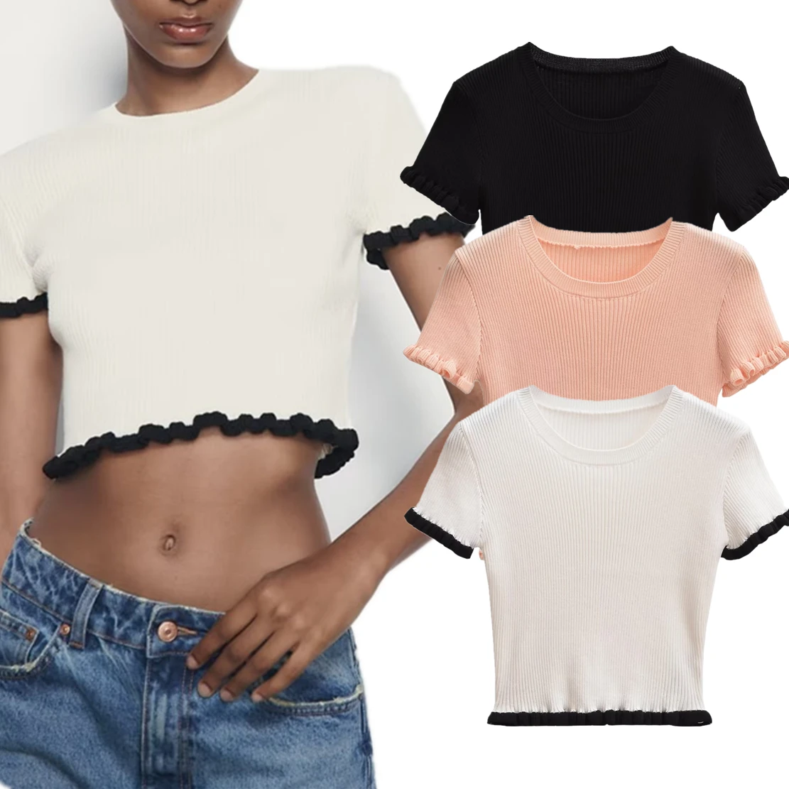 Увядший блогер Ins, сексуальный укороченный топ, Модная летняя базовая трикотажная футболка в рубчик, женская