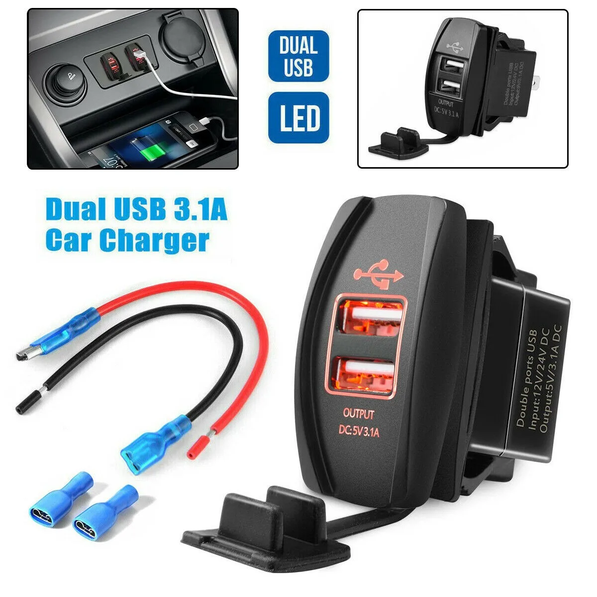 Универсальное зарядное устройство с двумя USB, Красная светодиодная подсветка для панели переключателя, Автомобильная лодка, Пластиковые аксессуары для транспортных средств