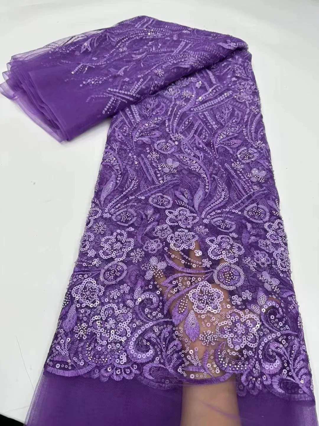 Фиолетовая кружевная ткань с африканскими блестками 2024 5 ярдов Высококачественной Французской Нигерийской кружевной ткани для жениха Для пошива свадебного платья