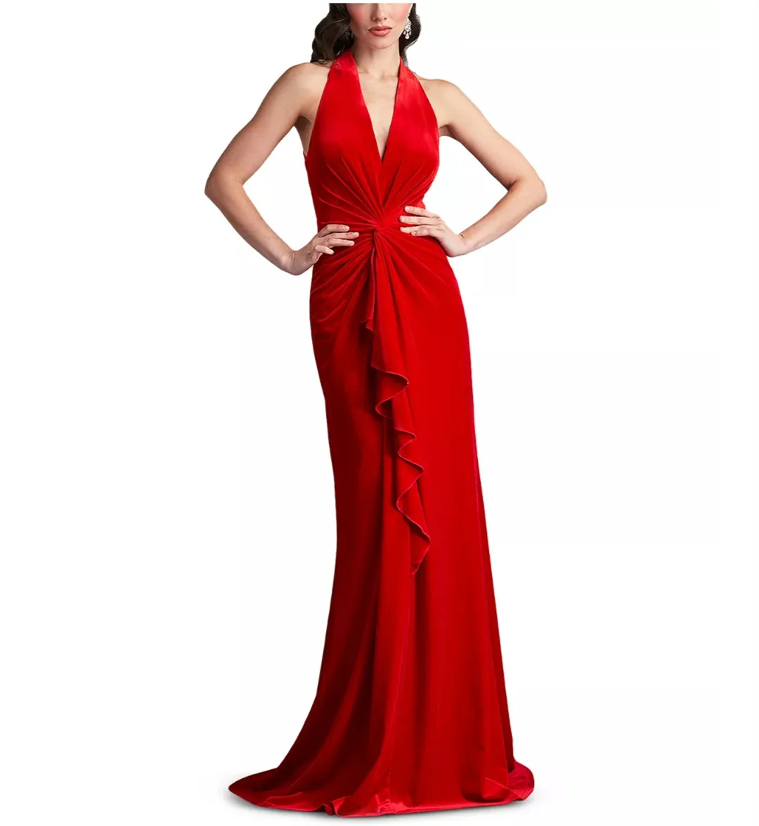 Элегантные Длинные Вечерние Платья Из Красного Бархата С Оборками, V-образным вырезом 