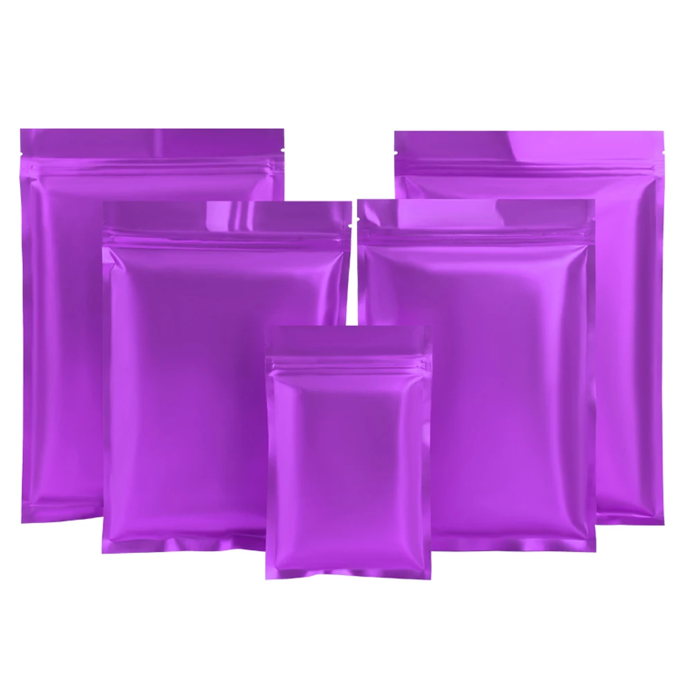 100 шт. Матовый фиолетовый плоский пакет из алюминиевой фольги, закрывающийся на разрыв, мешочки на молнии для кофе, чая, сушеных цветов, кухонных принадлежностей