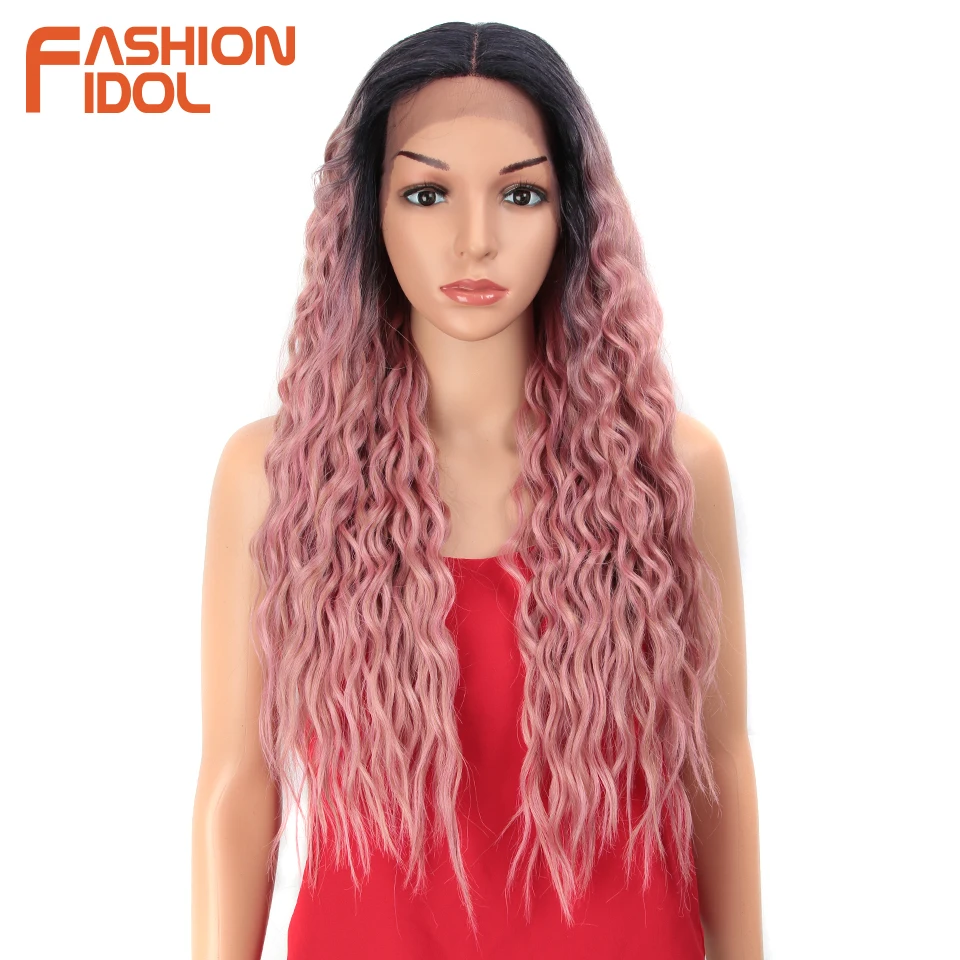FASHION IDOL Синтетические парики на кружеве спереди для чернокожих женщин, 28-дюймовое длинноволновое омбре, розовые красочные парики для косплея из термостойкого волокна