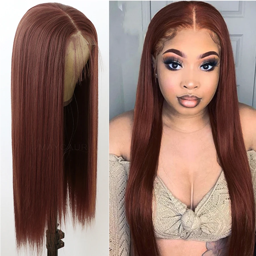 Maycaur Коричневый парик Длинные прямые волосы бесклеевые синтетические парики на кружеве спереди рыжеватого цвета для женщин 24 дюйма
